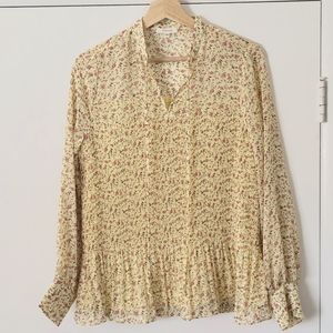 Pleione yellow floral pleated peasant top size small